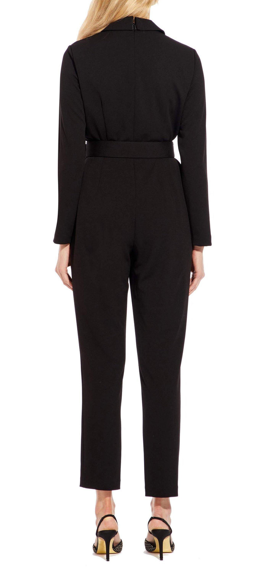 Adrianna Papell Long Sleeve Belted Solid Stretch Crepe Jumpsuit - The Dress Outlet Adrianna Papell