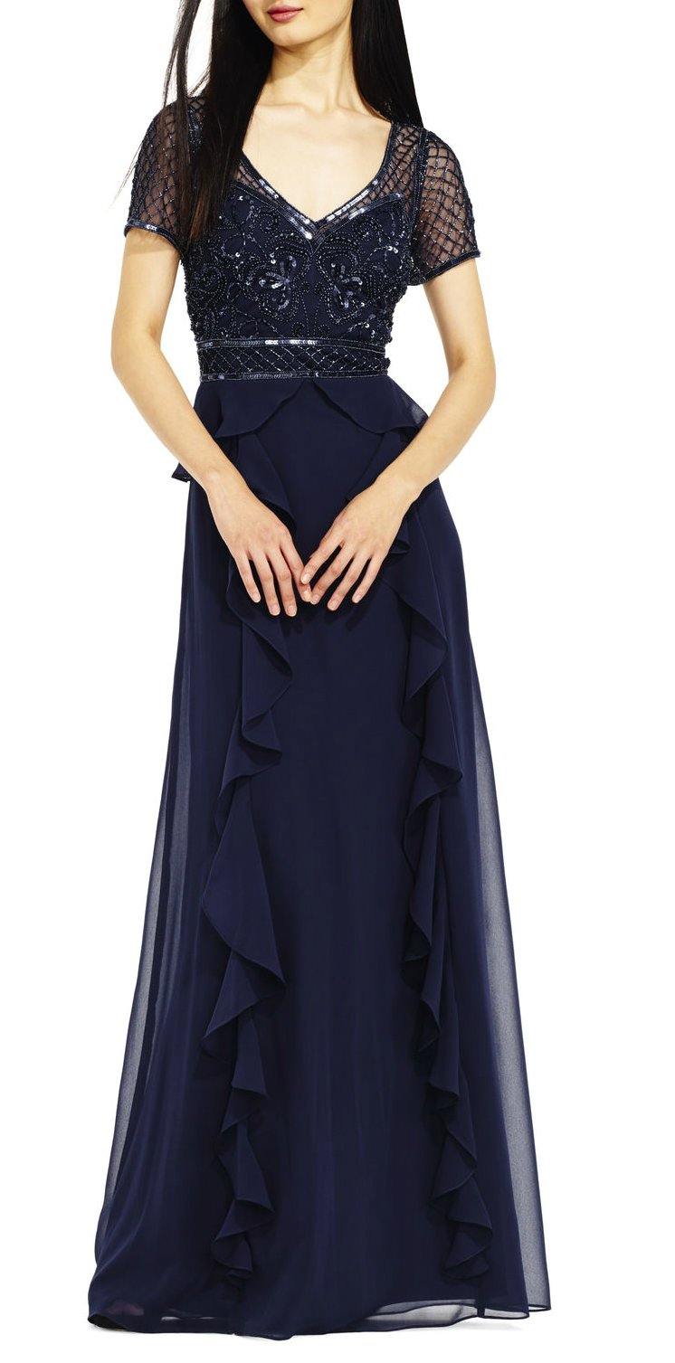 Navy Adrianna Papell AP1E201086 Short Sleeve Mesh Bodice Ruffled Chiffon Dress for 142.99 The Dress Outlet