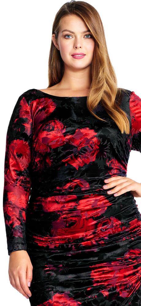 Adrianna Papell Long Plus Size Floral Print Velvet Dress - The Dress Outlet Adrianna Papell