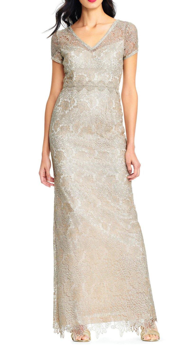 Adrianna Papell Short Sleeve Slit Back Metallic Lace Dress - The Dress Outlet Adrianna Papell