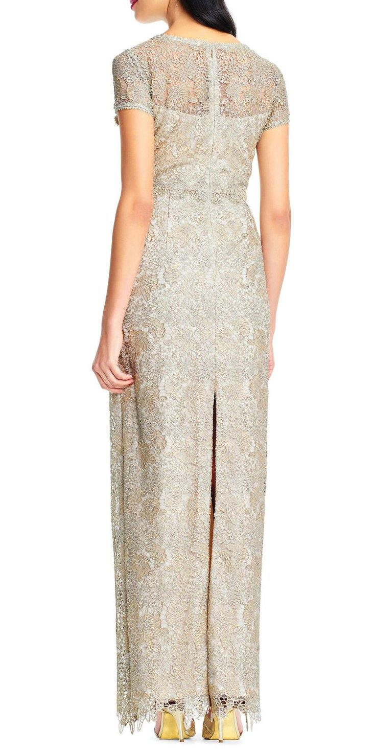 Adrianna Papell Short Sleeve Slit Back Metallic Lace Dress - The Dress Outlet Adrianna Papell