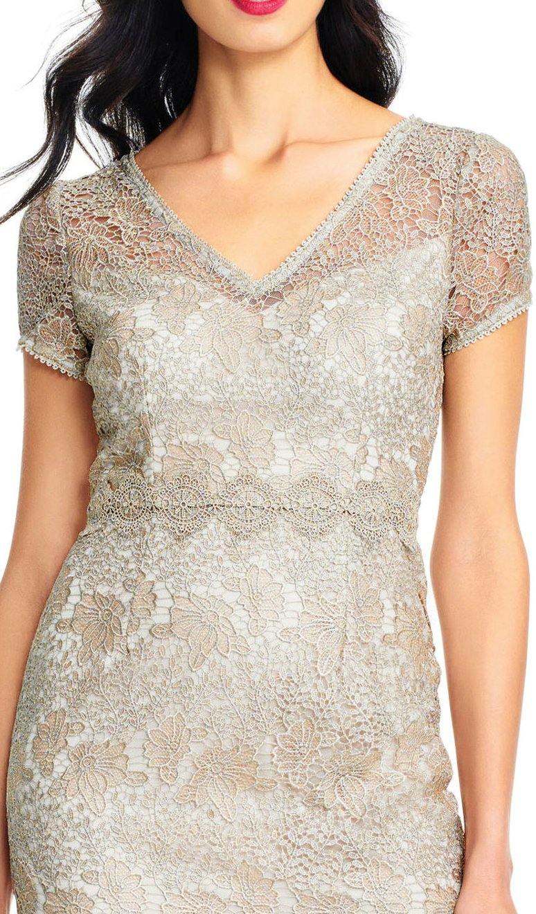 Adrianna Papell Short Sleeve Slit Back Metallic Lace Dress - The Dress Outlet Adrianna Papell