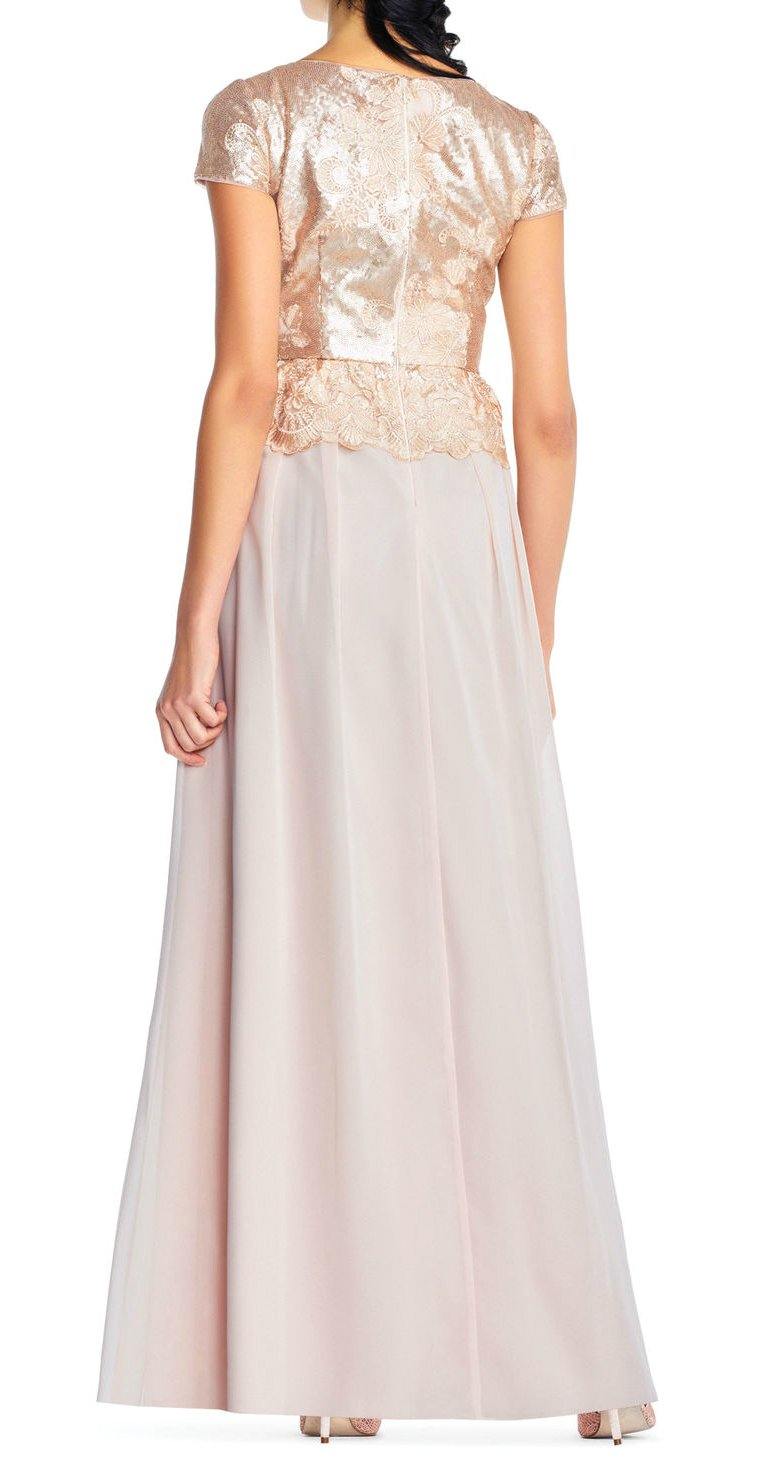 Adrianna Papell Short Sleeve Pleated Sequin Chiffon Dress - The Dress Outlet Adrianna Papell