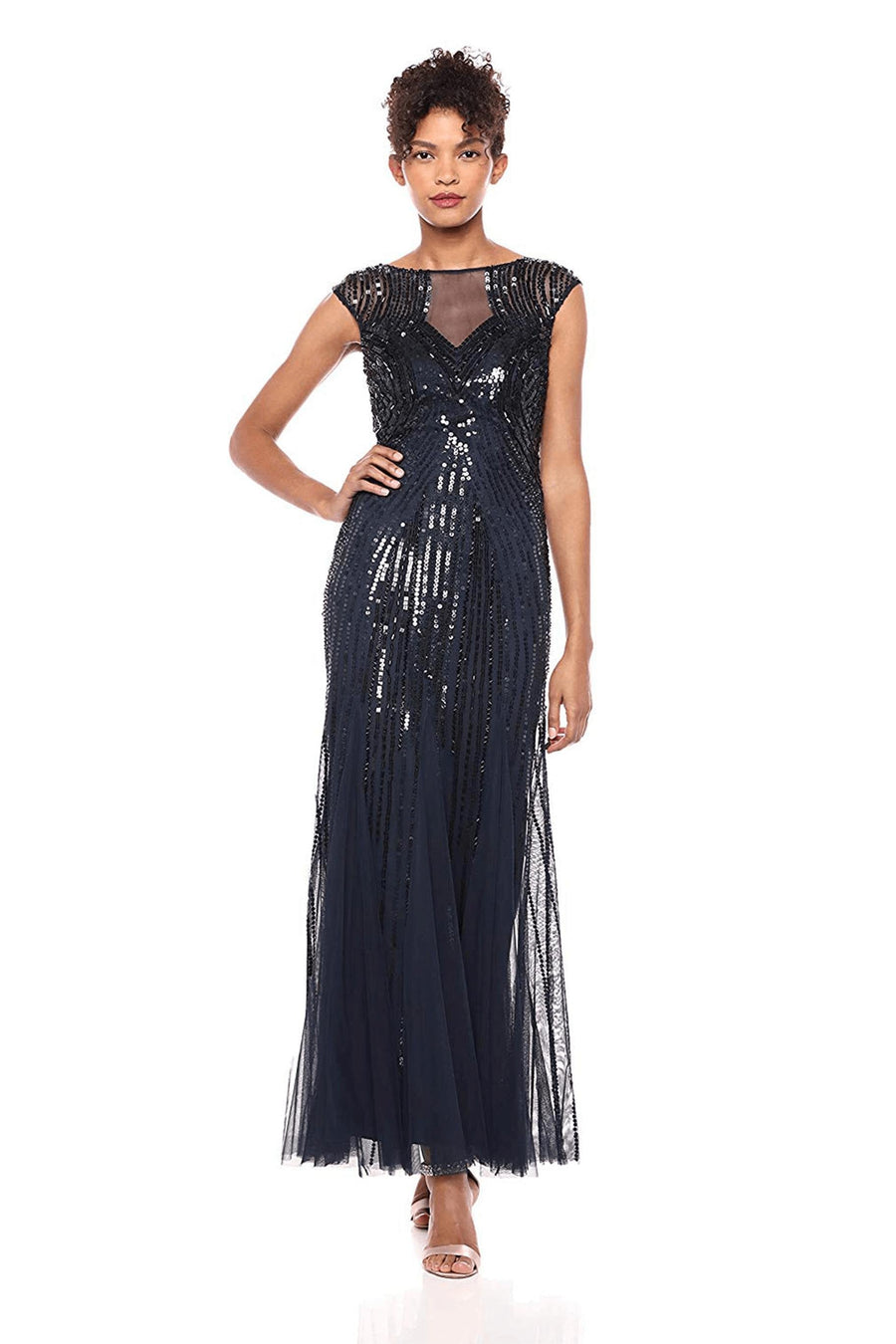 Adrianna Papell Long Formal Beaded Cap Sleeve Dress - The Dress Outlet Adrianna Papell