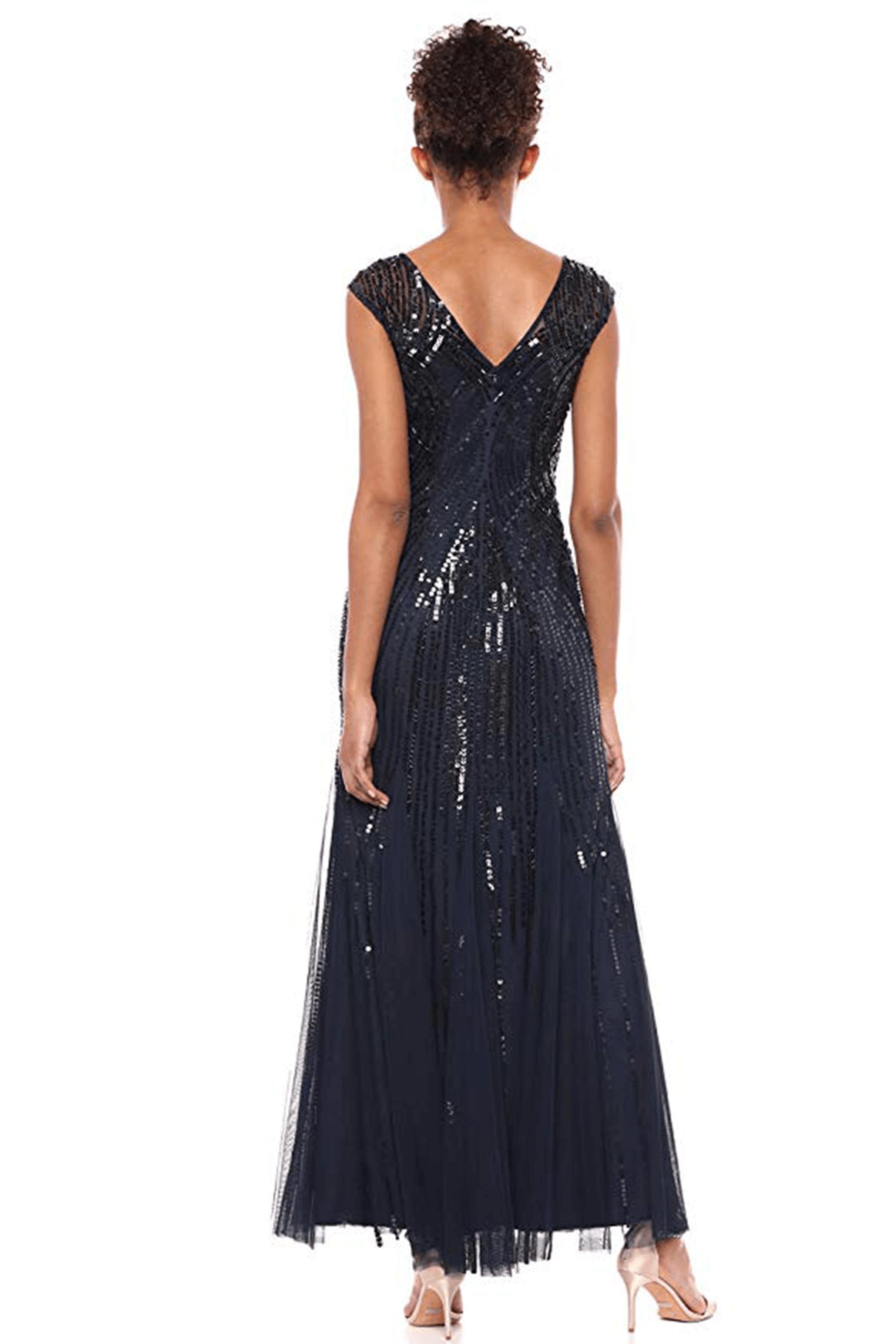 Navy Adrianna Papell AP1E204689 Long Formal Beaded Cap Sleeve Dress for 219.99 The Dress Outlet