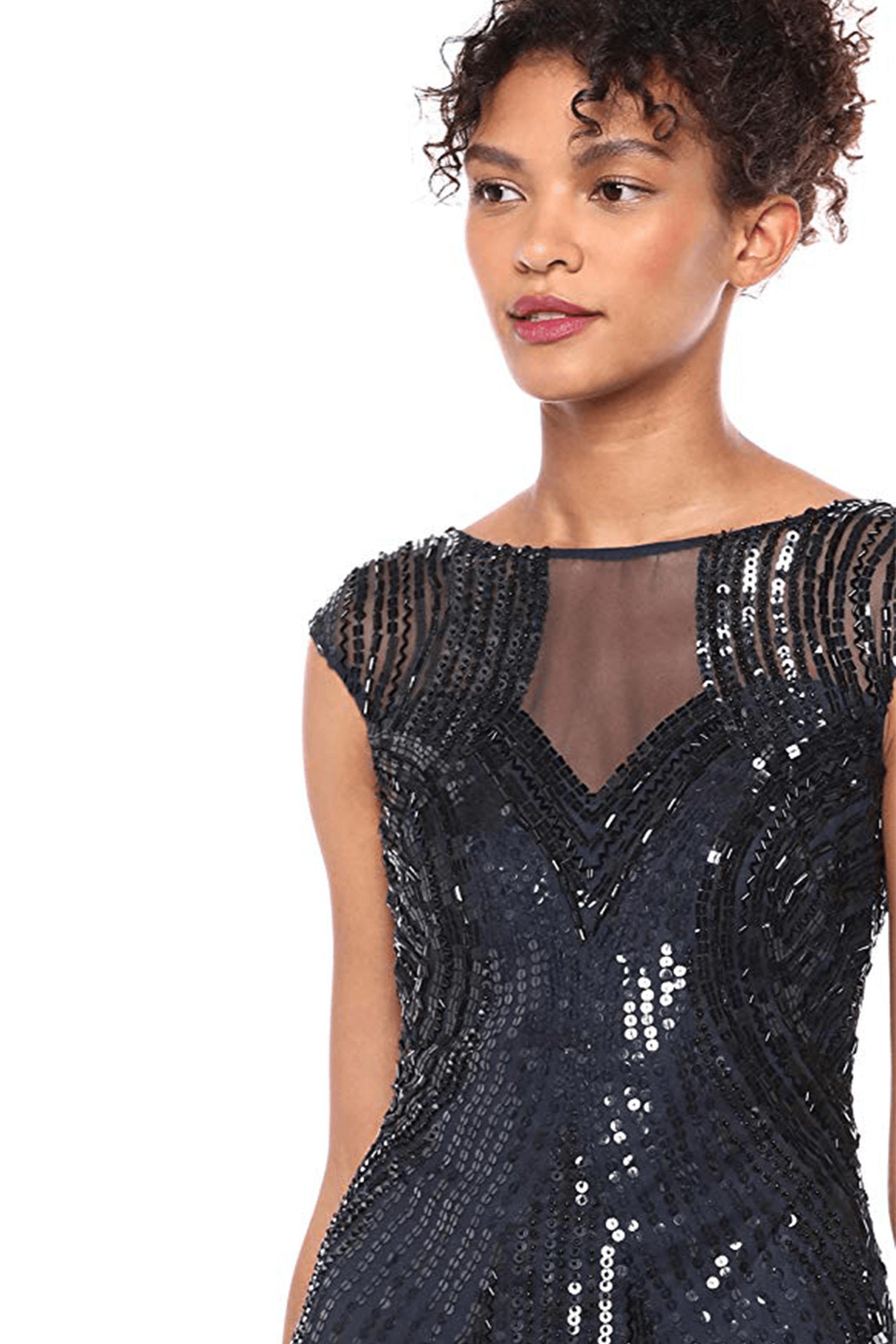 Navy Adrianna Papell AP1E204689 Long Formal Beaded Cap Sleeve Dress for 219.99 The Dress Outlet