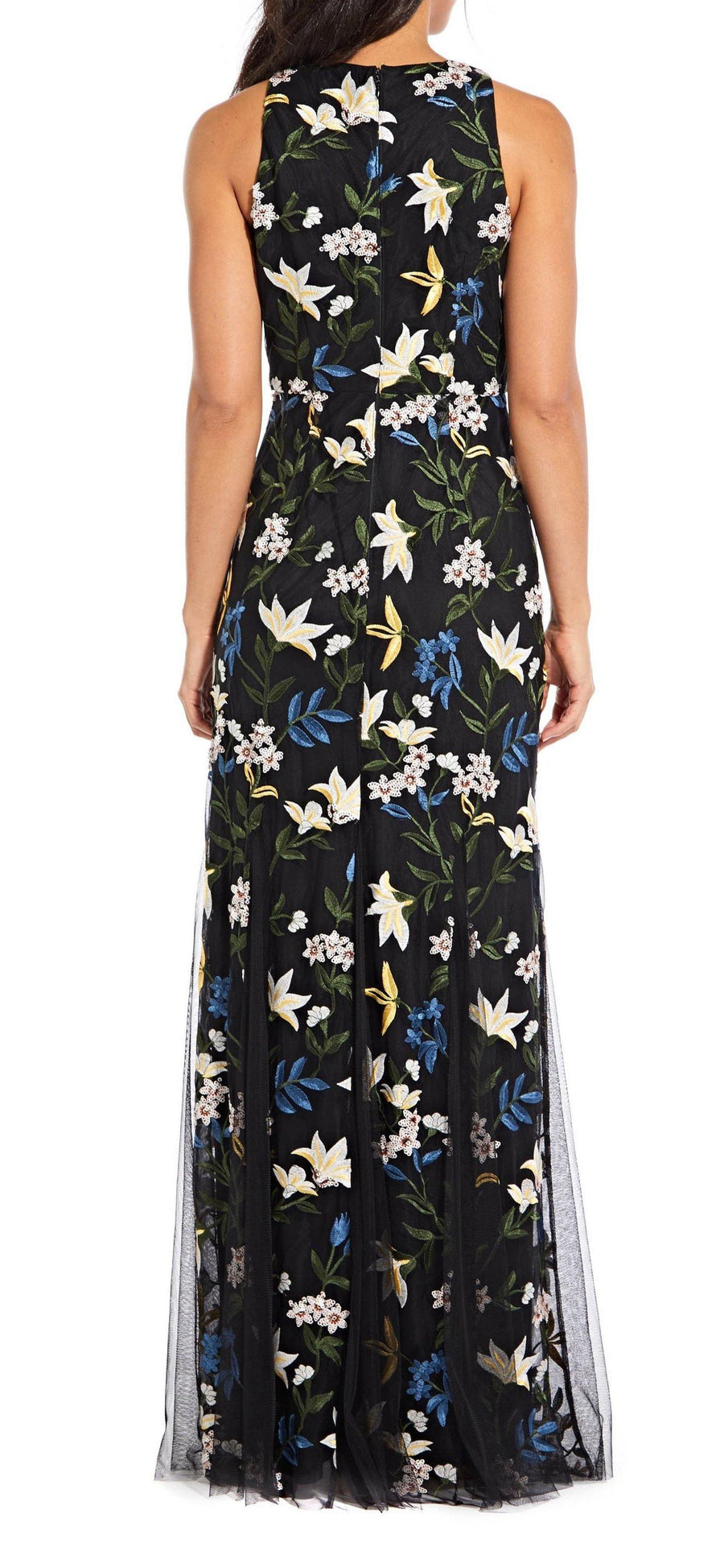 Adrianna Papell Long Sleeveless Floral Mesh Formal Dress - The Dress Outlet Adrianna Papell