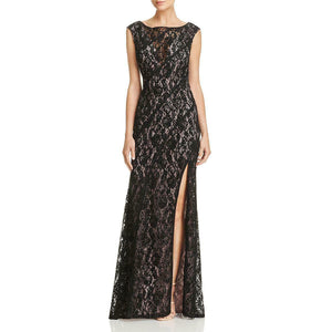 Black Aidan by Aidan Mattox Long Formal Floral Lace Dress