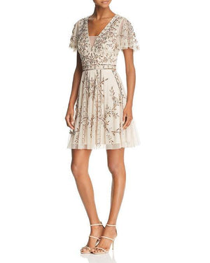 Champagne Aidan by Aidan Mattox Short Cocktail V Neck Mesh Dress DressOutlet for 219.99 The Dress Outlet