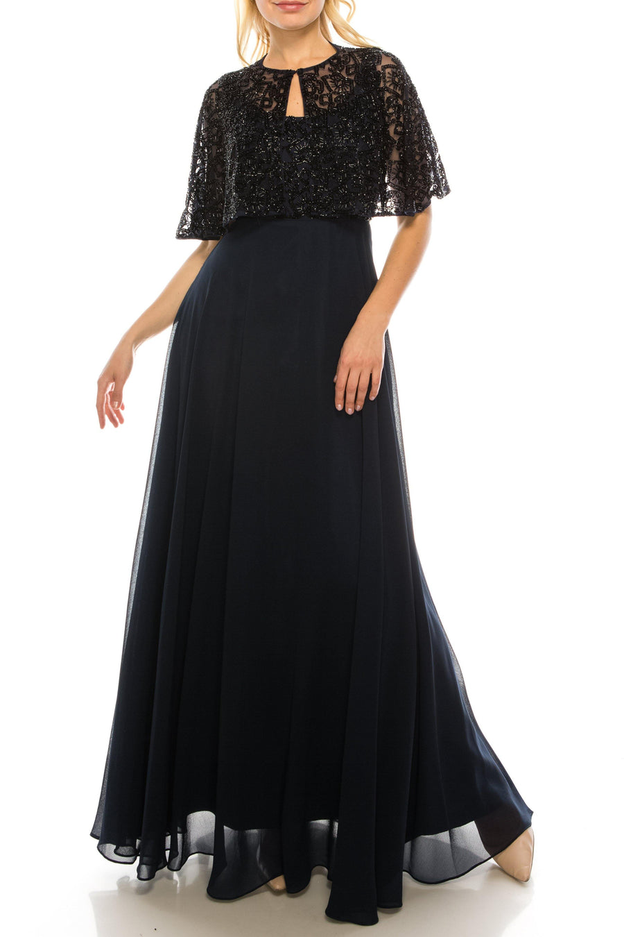 Aidan Mattox Long Formal Beaded Evening Cape Dress - The Dress Outlet