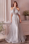 Andrea & Leo A1023 Feather Prom Long Dress Silver