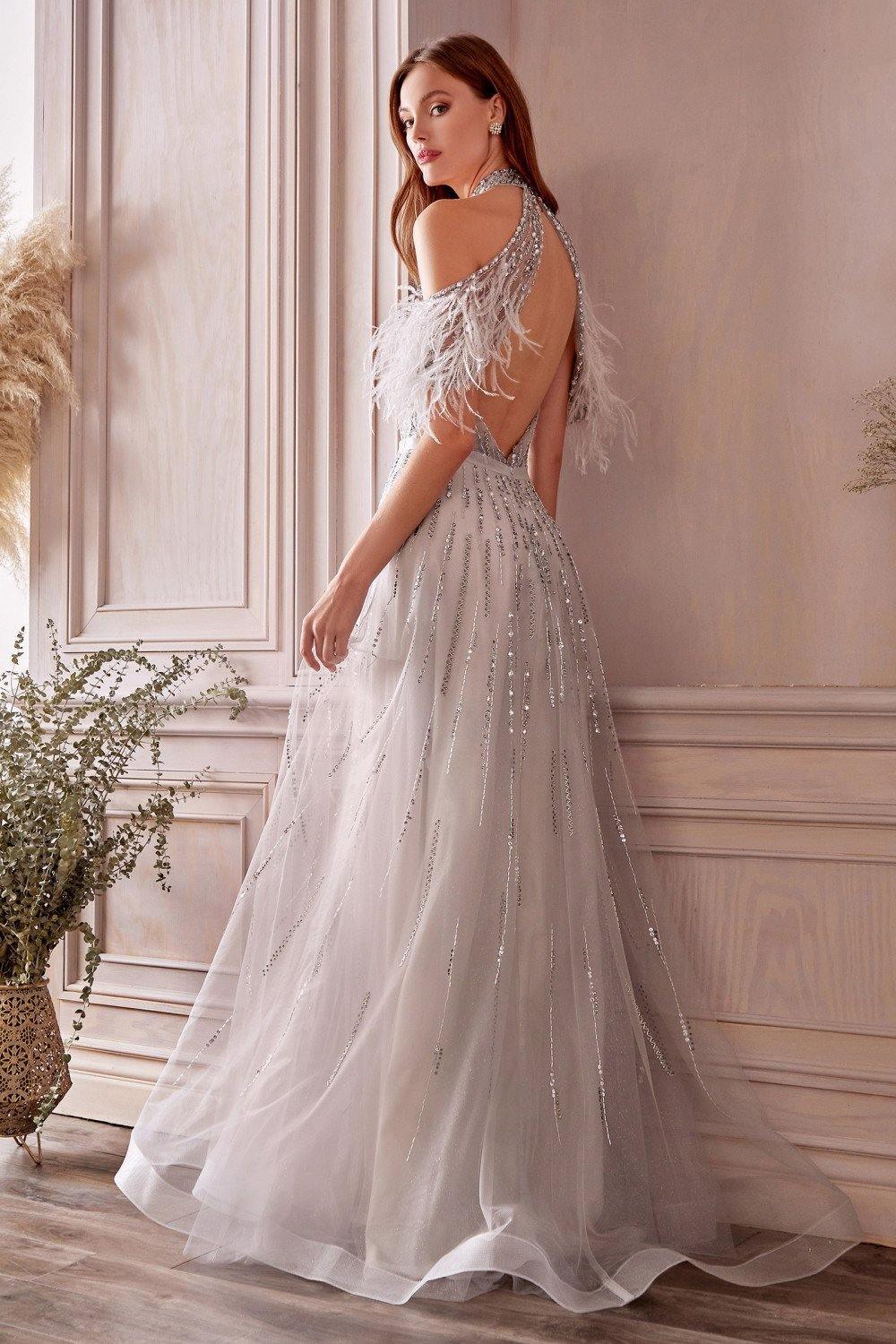 Andrea & Leo A1023 Feather Prom Long Dress Silver