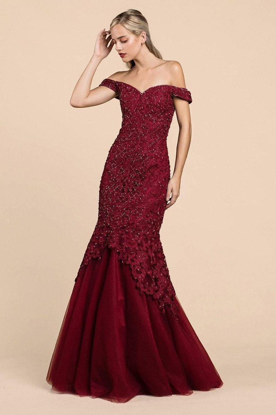 Andrea & Leo CDA0401 Long Prom Mermaid Dress Burgundy