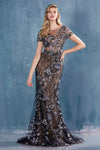 Andrea & Leo CDA0743 Long Beaded Short Sleeve Formal Dress Black Nude