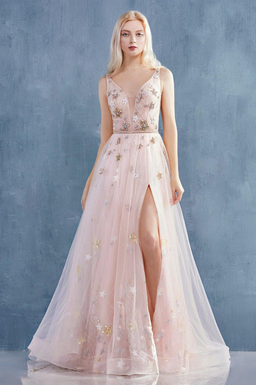 Andrea & Leo CDA0827 Starry Beaded Long Prom Dress Blush