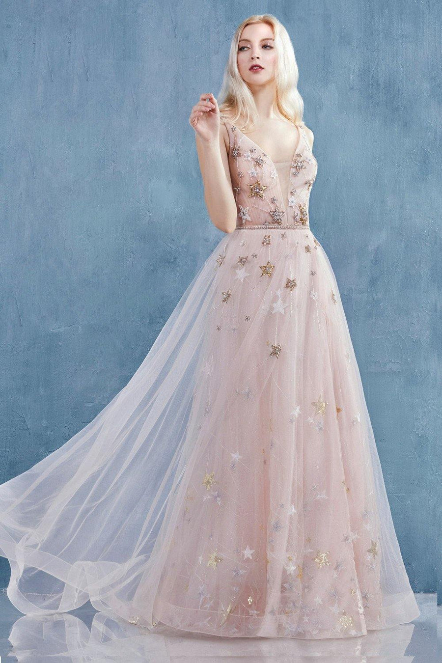 Andrea & Leo CDA0827 Starry Beaded Long Prom Dress Blush