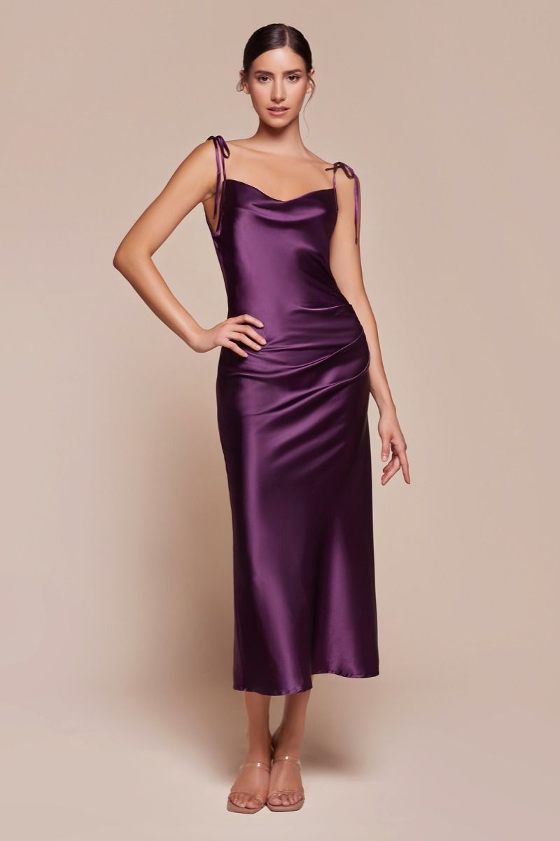 Prom Dresses Satin Formal Midi Graduation Dress Eggplant Eggplant