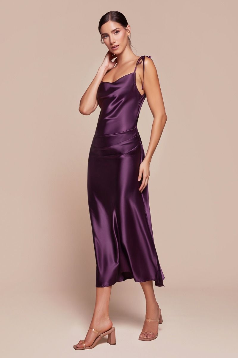 Prom Dresses Satin Formal Midi Graduation Dress Eggplant Eggplant