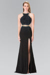 Beaded High-Neck Long Prom Dress Accented with Slit - The Dress Outlet Elizabeth K