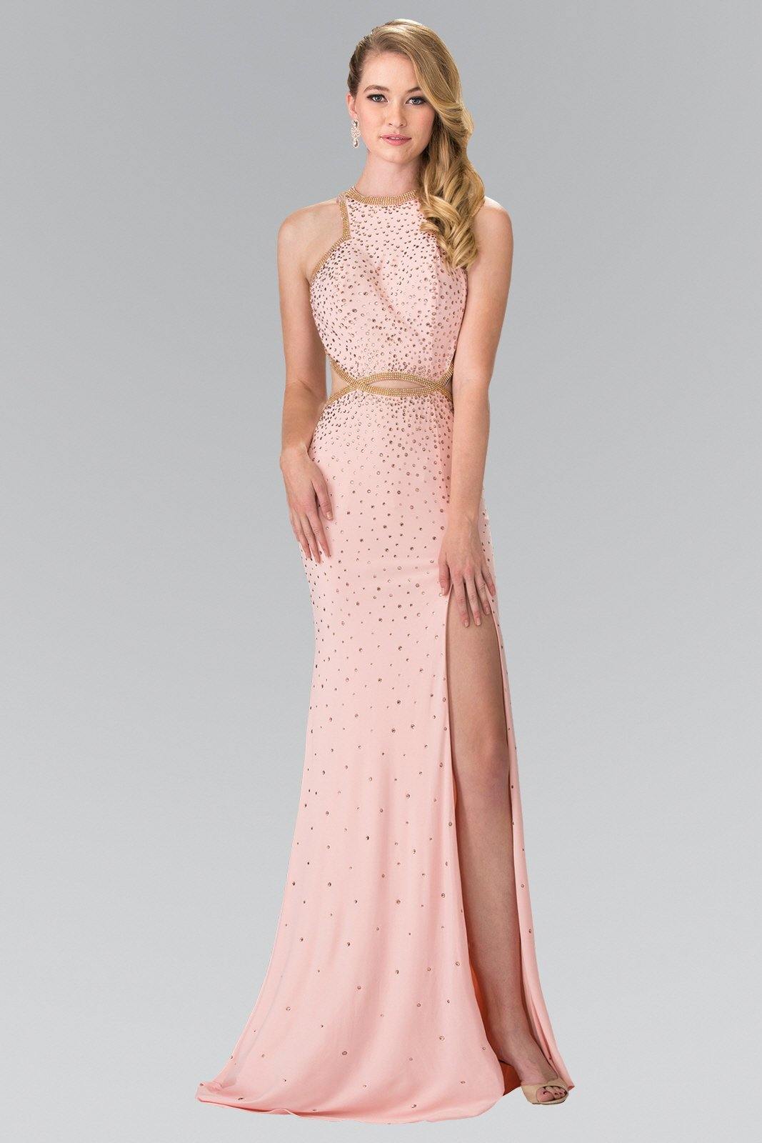 Beaded High-Neck Long Prom Dress Accented with Slit - The Dress Outlet Elizabeth K