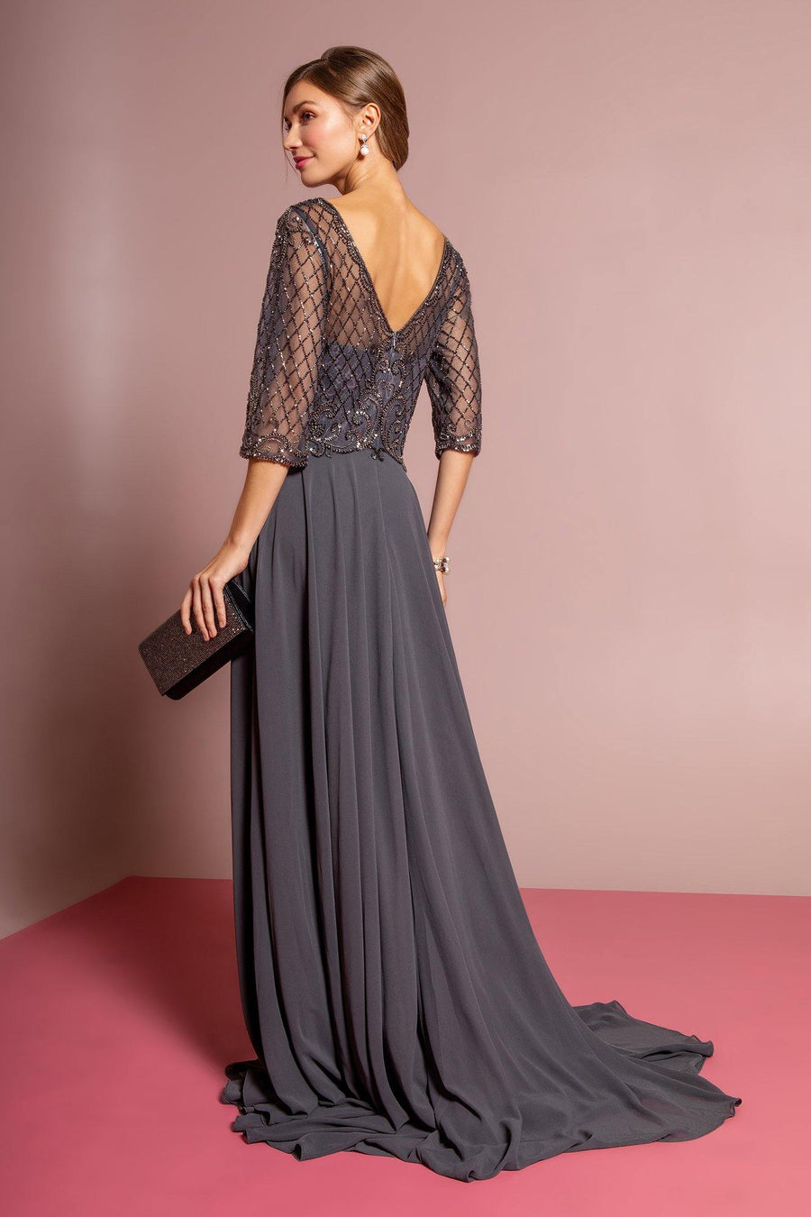 Beads Embellished Bodice Chiffon Long Dress - The Dress Outlet Elizabeth K