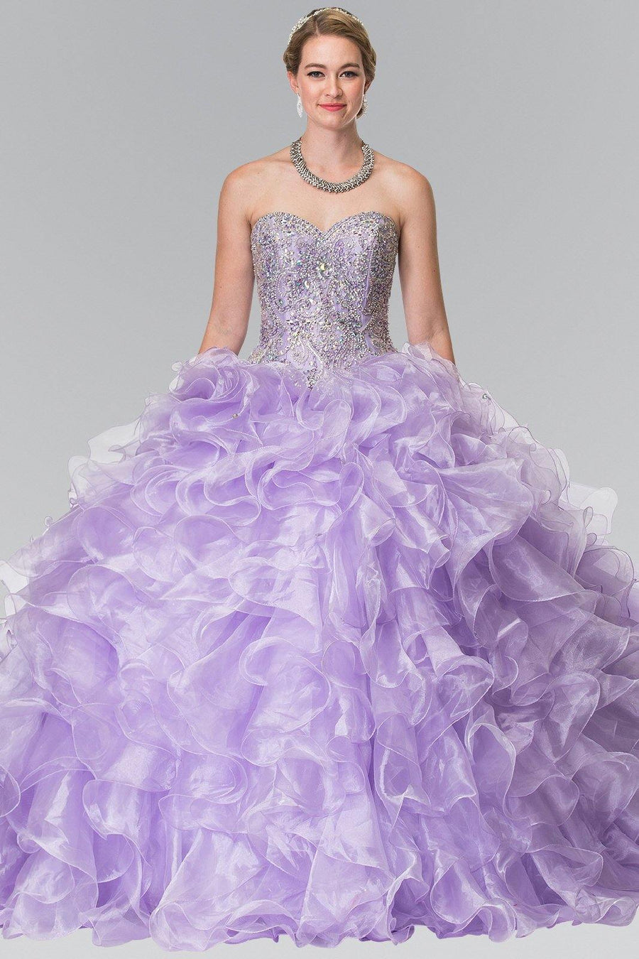 Beads Embellished Ruffled Organza Long Quinceanera Dress - The Dress Outlet Elizabeth K