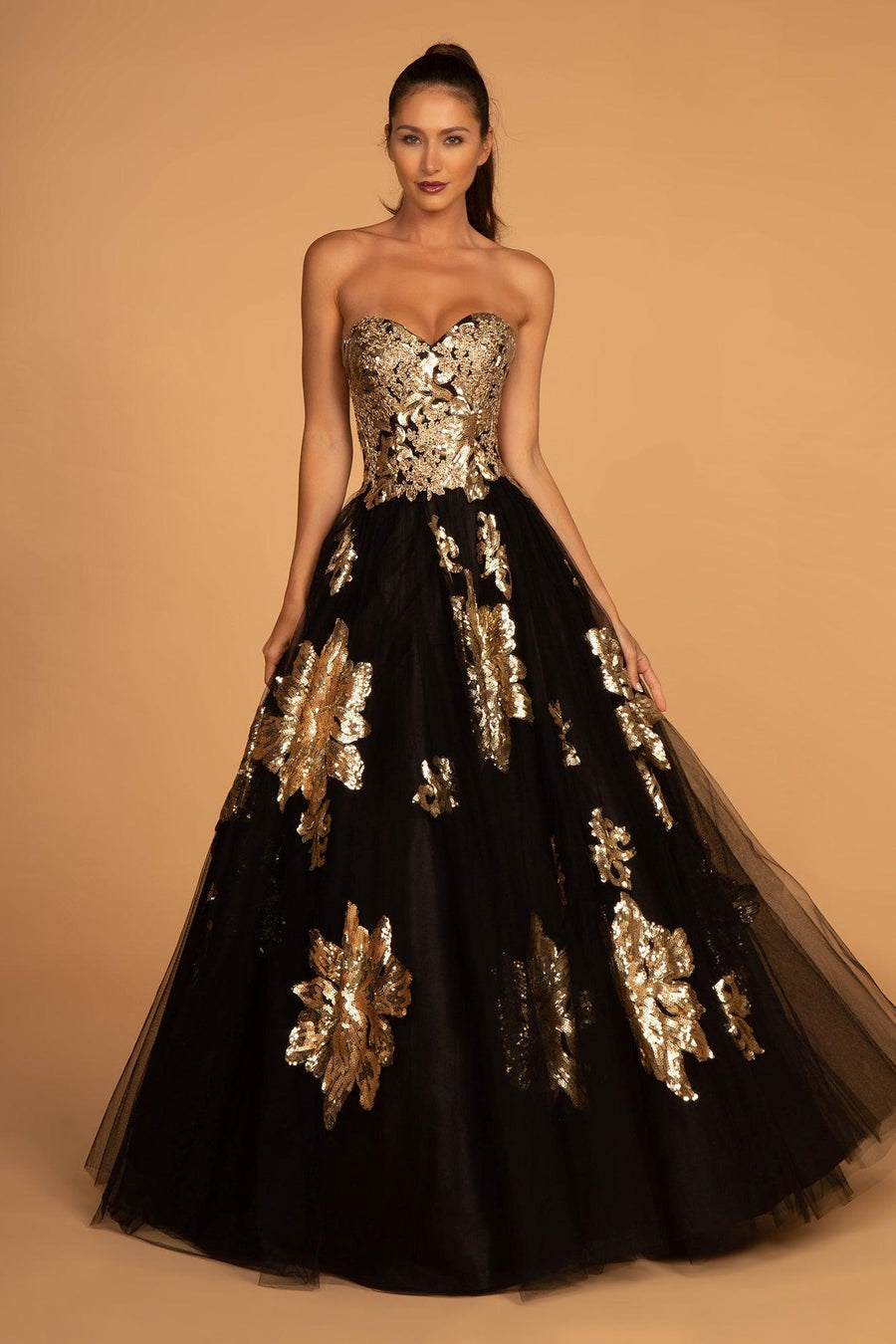 Black and Gold Sweetheart Long Prom Dress - The Dress Outlet Elizabeth K