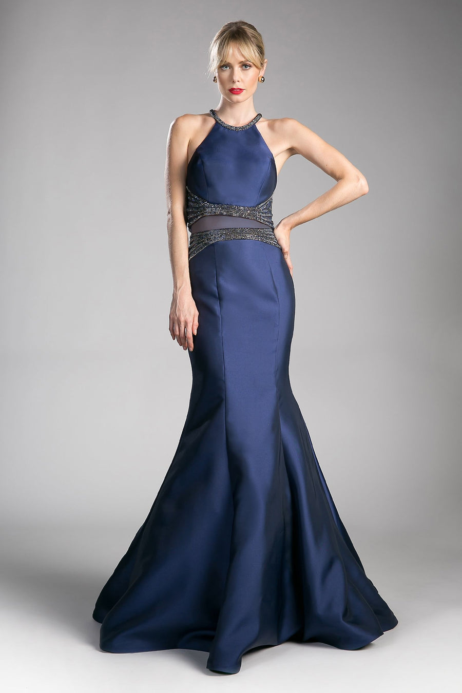 Prom Dresses Beaded Halter Two Piece Formal Prom Dress  Navy