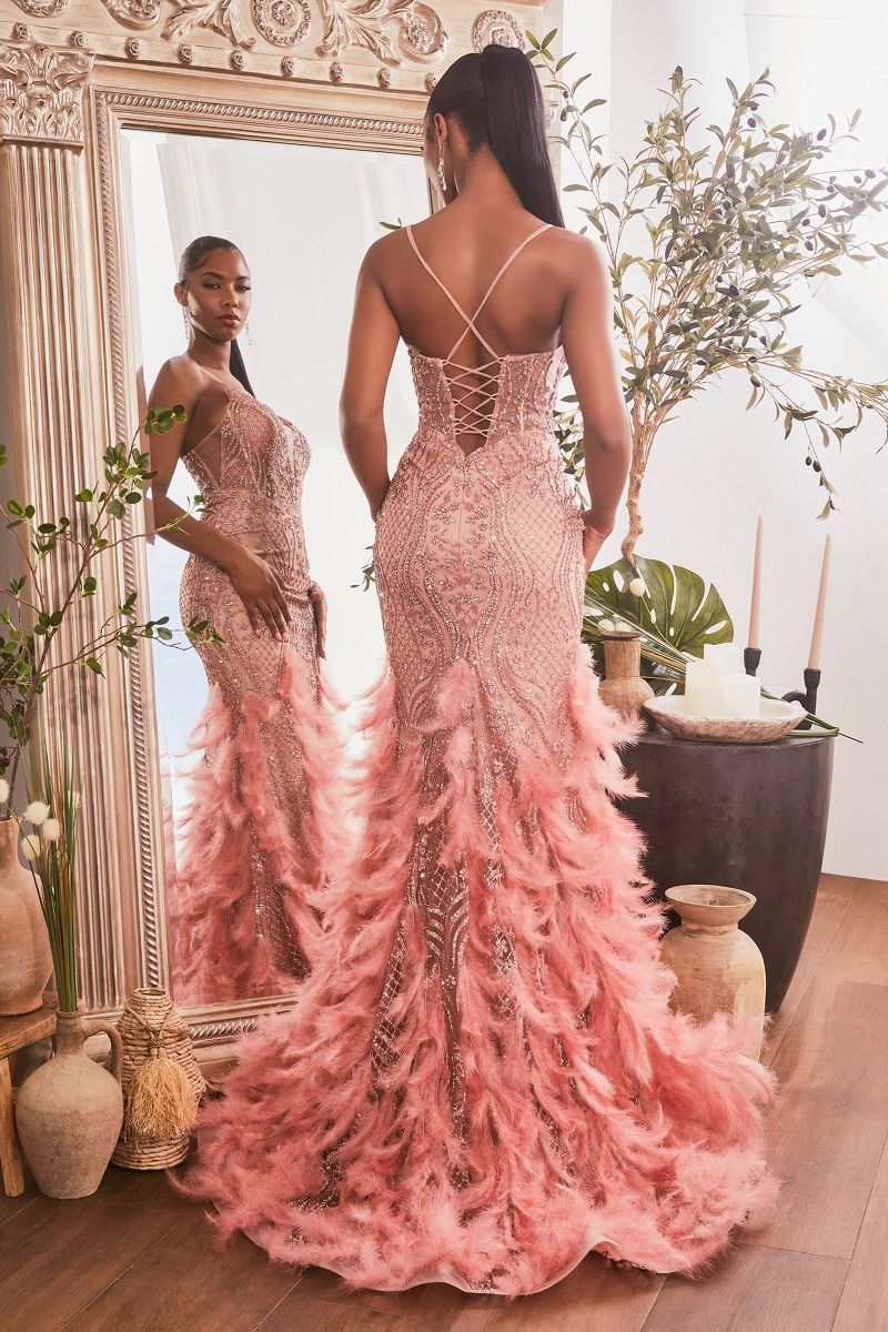 Prom Dresses Long Beaded Feather Formal Prom Mermaid Dress Rose