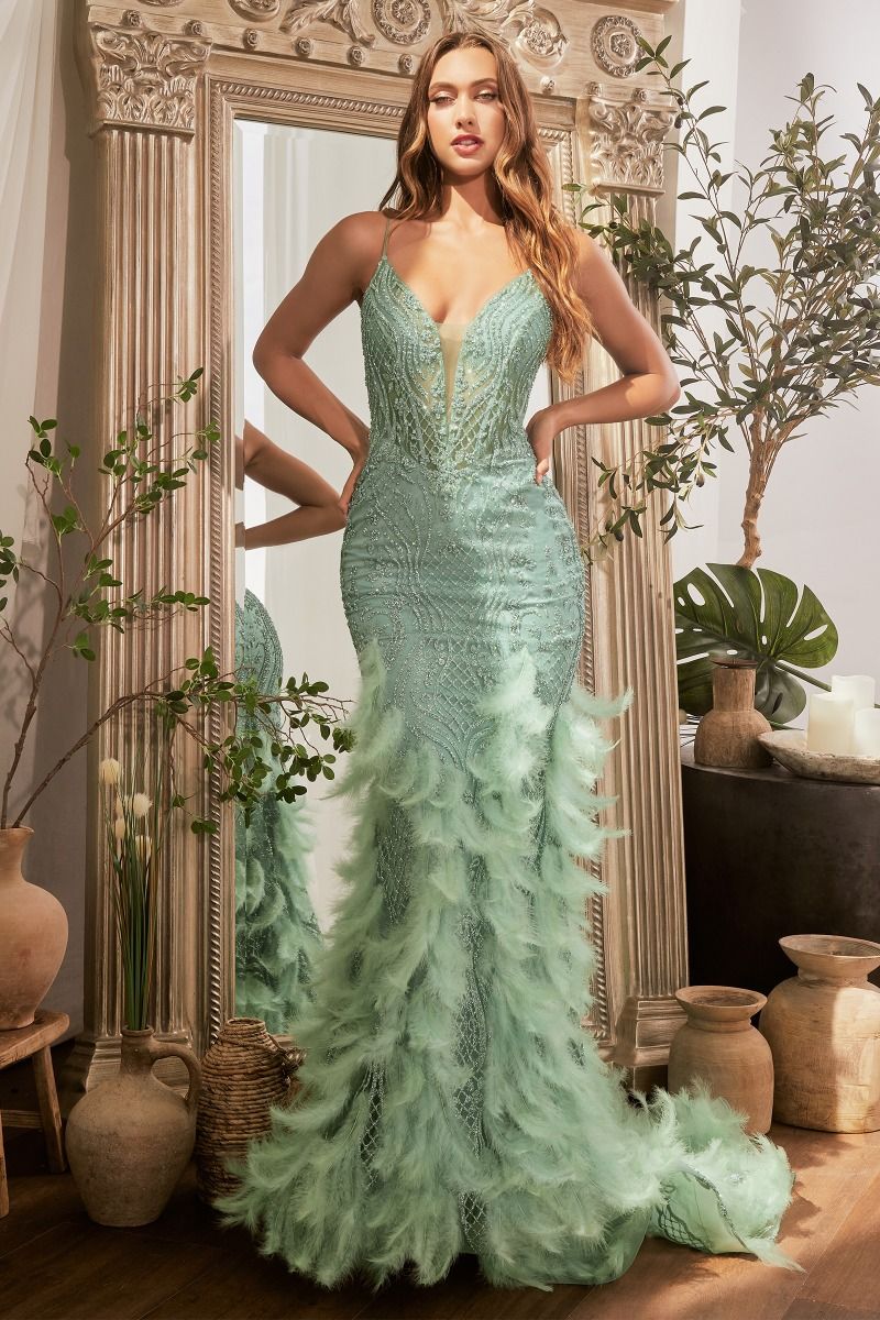 Prom Dresses Long Beaded Feather Formal Prom Mermaid Dress Sage