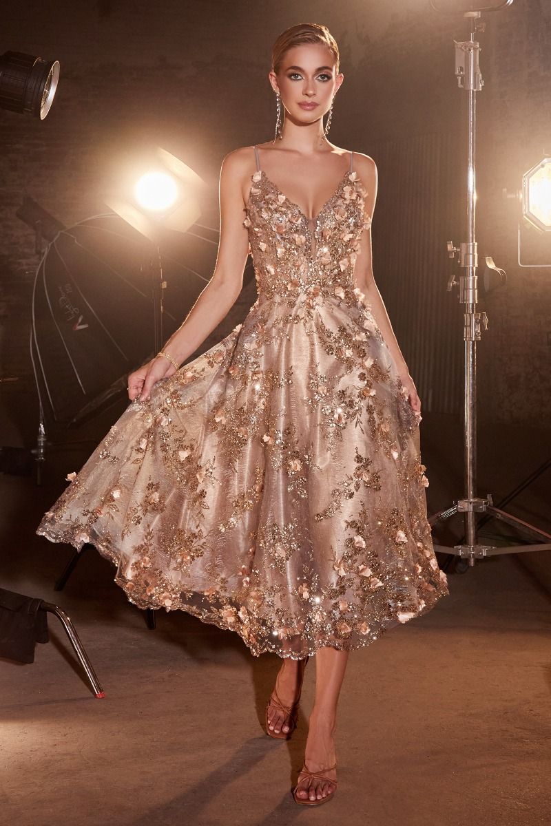 Cocktail Dresses Floral Applique Short Cocktail Tea Length Dress Gold Mist