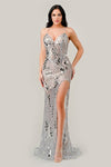 Formal Dresses Long Sheer Embellished Mirrored Applique Silver Nude