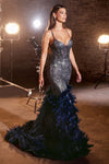 Prom Dresses Feather Beaded Formal Prom Long Mermaid Dress Navy