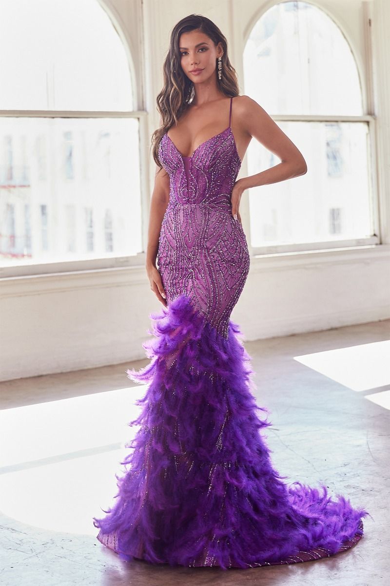 Prom Dresses Feather Beaded Formal Prom Long Mermaid Dress Nova Purple