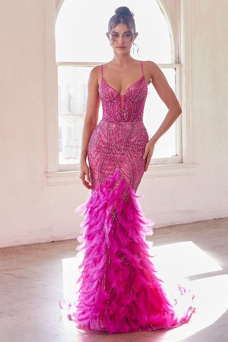 Prom Dresses Feather Beaded Formal Prom Long Mermaid Dress Azalea Pink