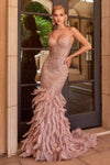 Prom Dresses Feather Beaded Formal Prom Long Mermaid Dress Rose Gold