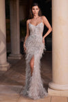 Prom Dresses Long Fitted Feather Formal Prom Dress Silver Nude