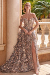 Prom Dresses 3D Floral Tiered Formal Prom Long Dress Gold Mist