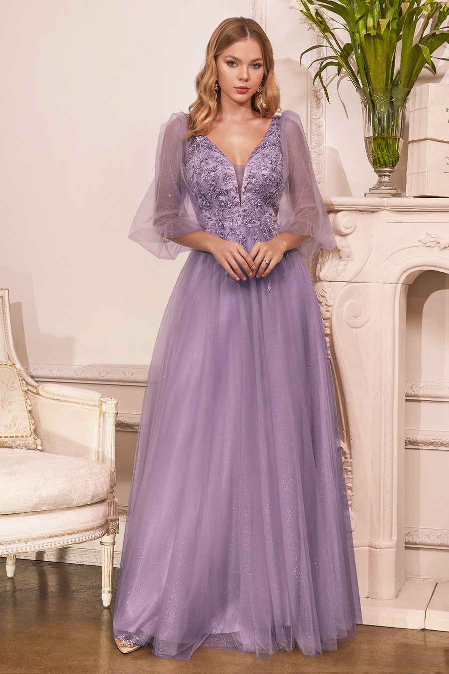 Cinderella Divine CD0182 Long Sleeve Mother of the Bride Long Tulle Dress English Violet