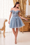 Off Shoulder Short Tulle Prom Dress - The Dress Outlet Smoky Blue