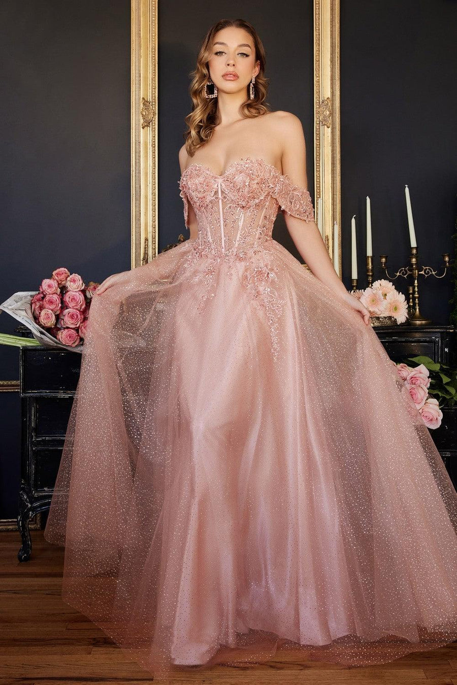 Cinderella Divine CD0198 Off Shoulder Corset Long Prom Ball Gown Blush