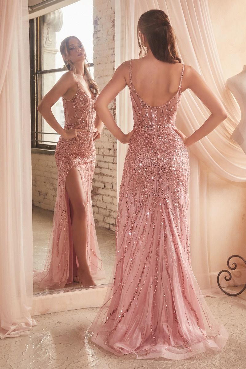 Prom Dresses Sequin Fitted Formal Prom Long Dress Rose Gold