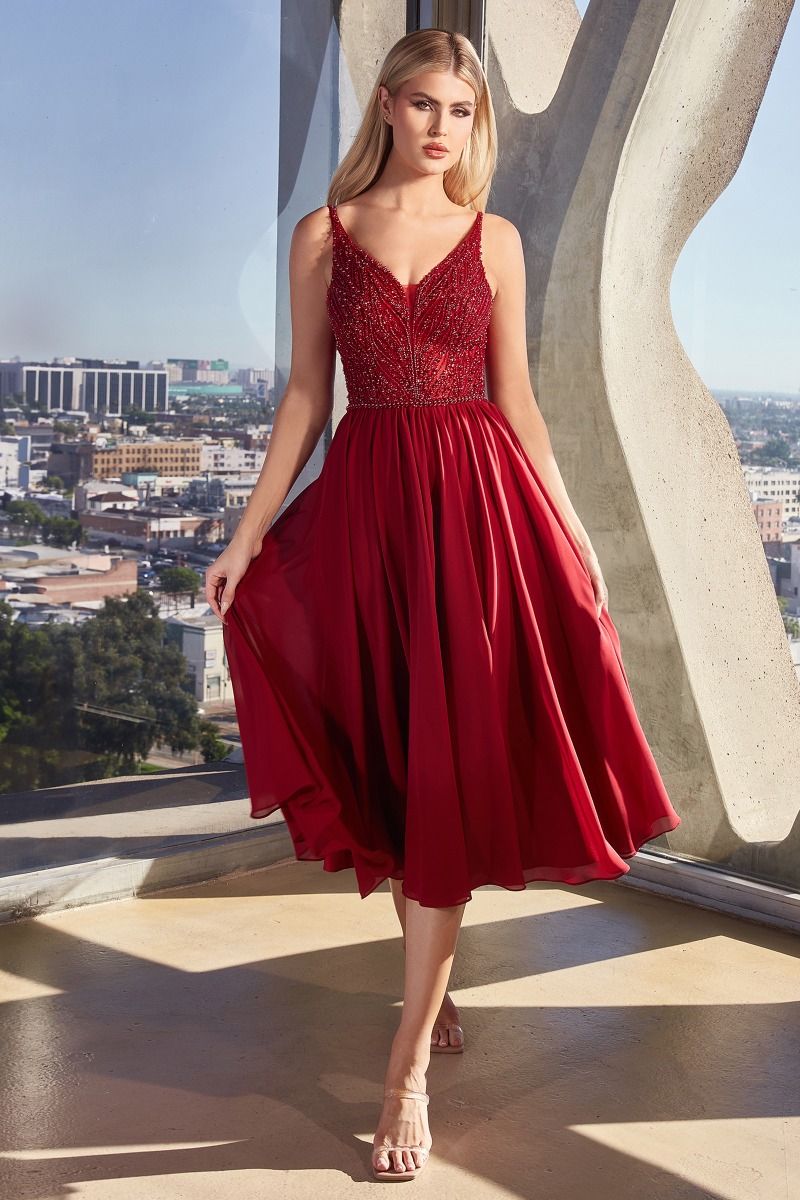 Cocktail Dresses Short Beaded Cocktail Tea Length Dress Burgundy