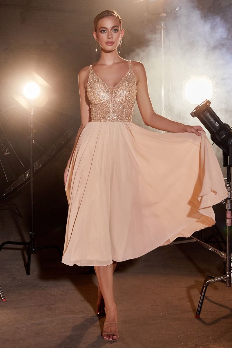 Cocktail Dresses Short Beaded Cocktail Tea Length Dress Champagne