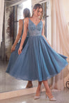 Cocktail Dresses Short Beaded Cocktail Tea Length Dress Smoky Blue