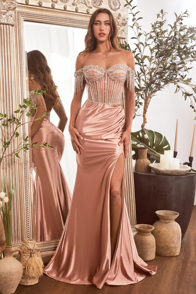 Prom Dresses Long Beaded Fringe Formal Prom Dress Rose Gold