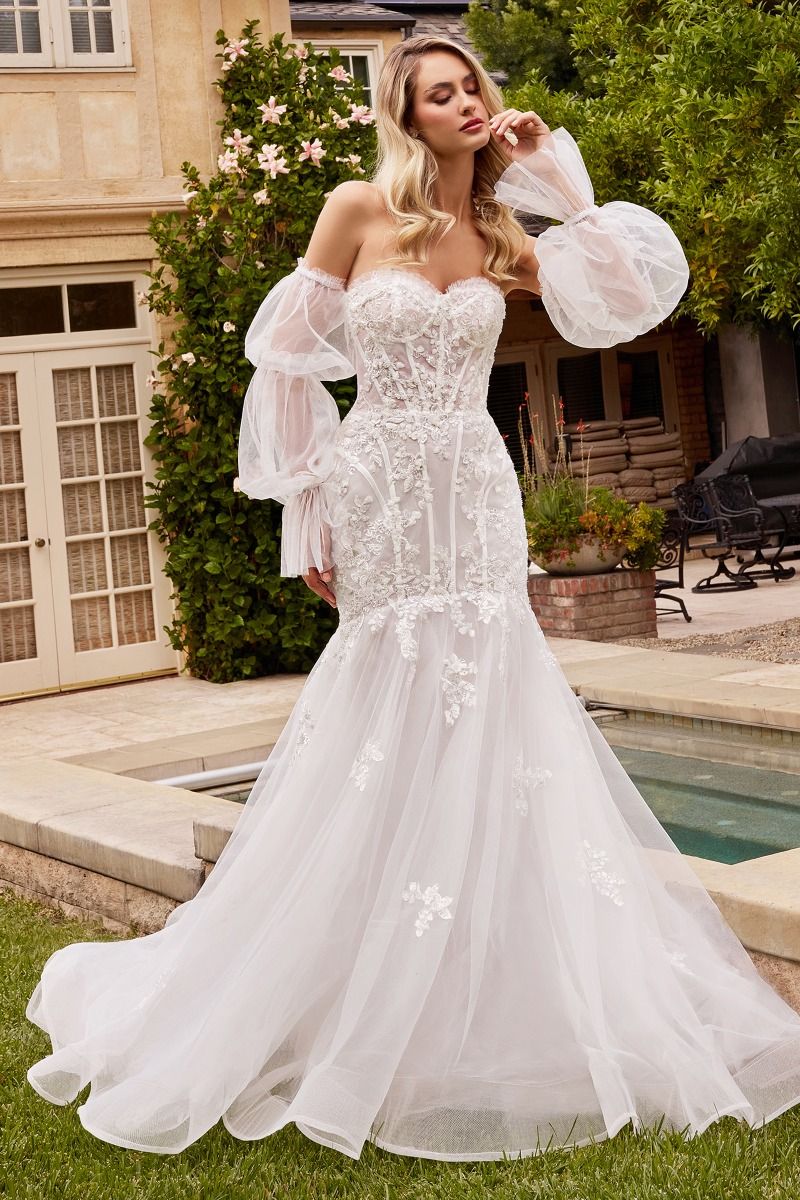 Wedding Dresses Long Wedding Removable Sleeve Mermaid Dress Off White