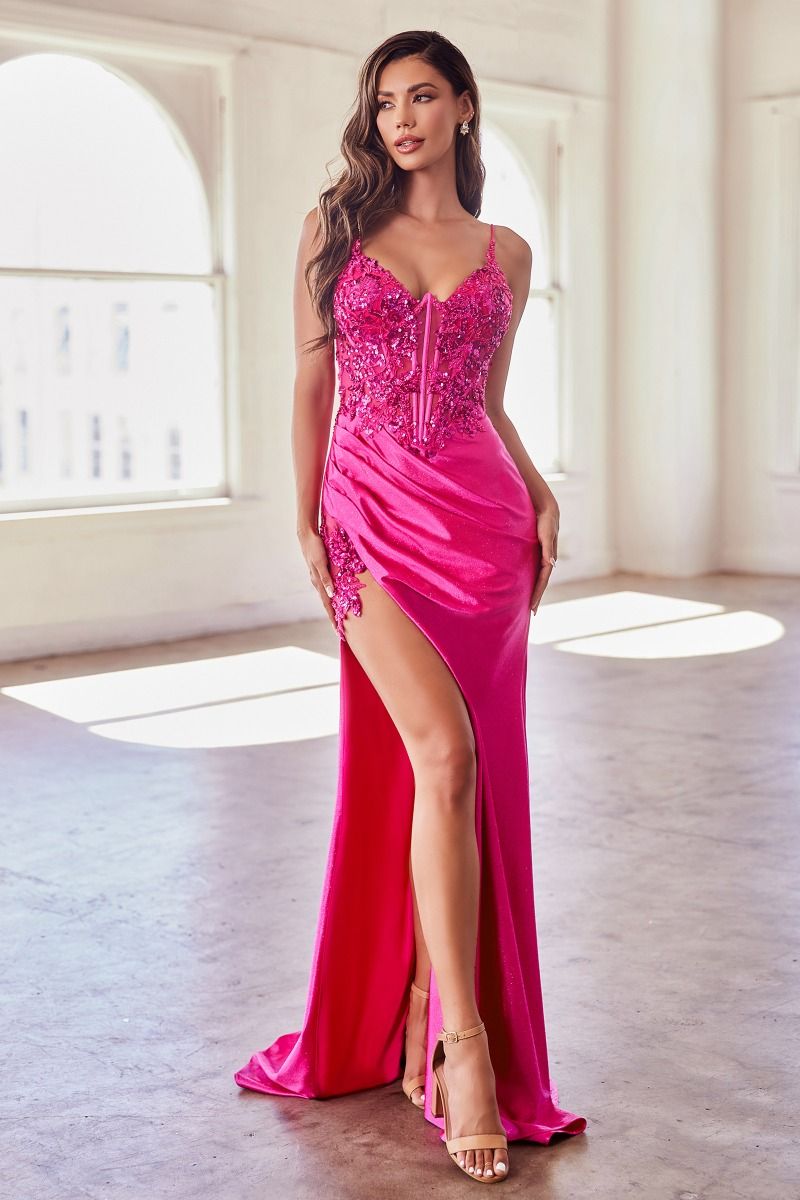 Cinderella Divine S439 Long Formal Glitter Satin Mermaid Prom Dress Fuchsia