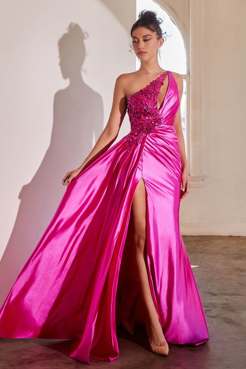 Formal Dresses Long One Shoulder Satin Beaded Lace Trim Dress Fuchsia