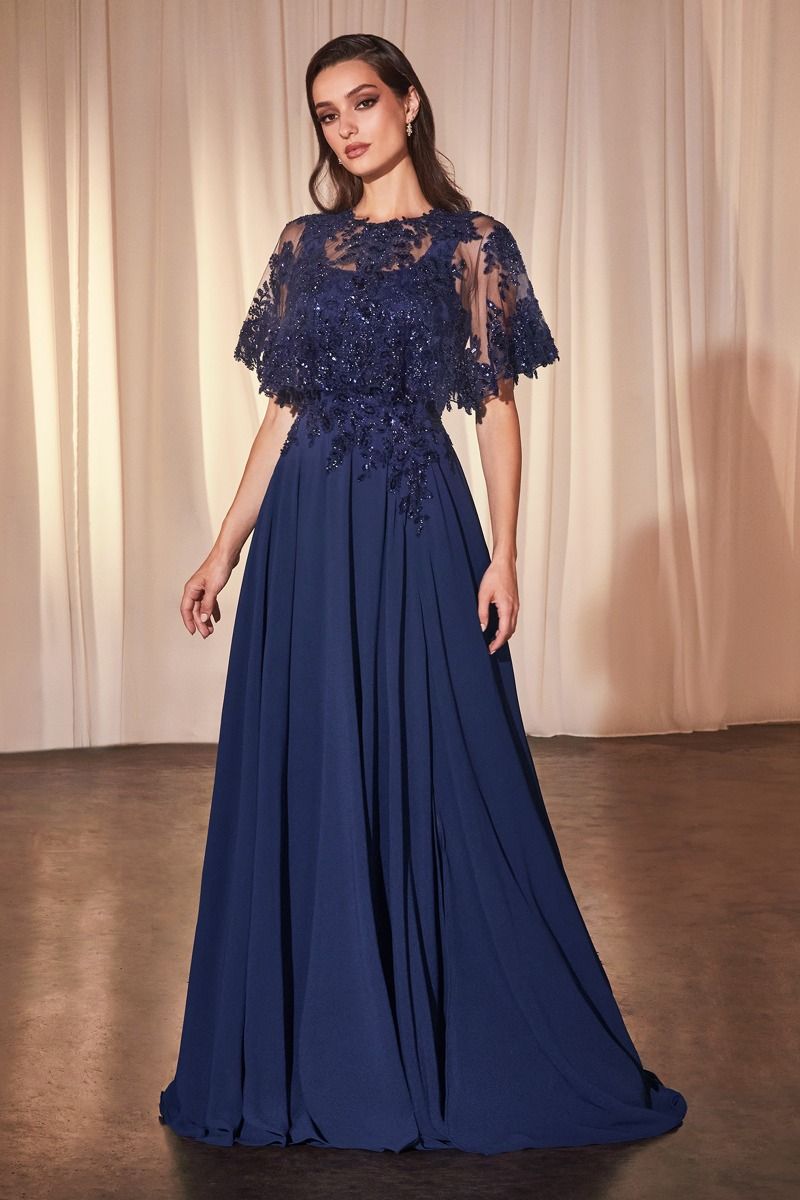 Formal Dresses Long A Line Formal Removable Cape Dress Navy